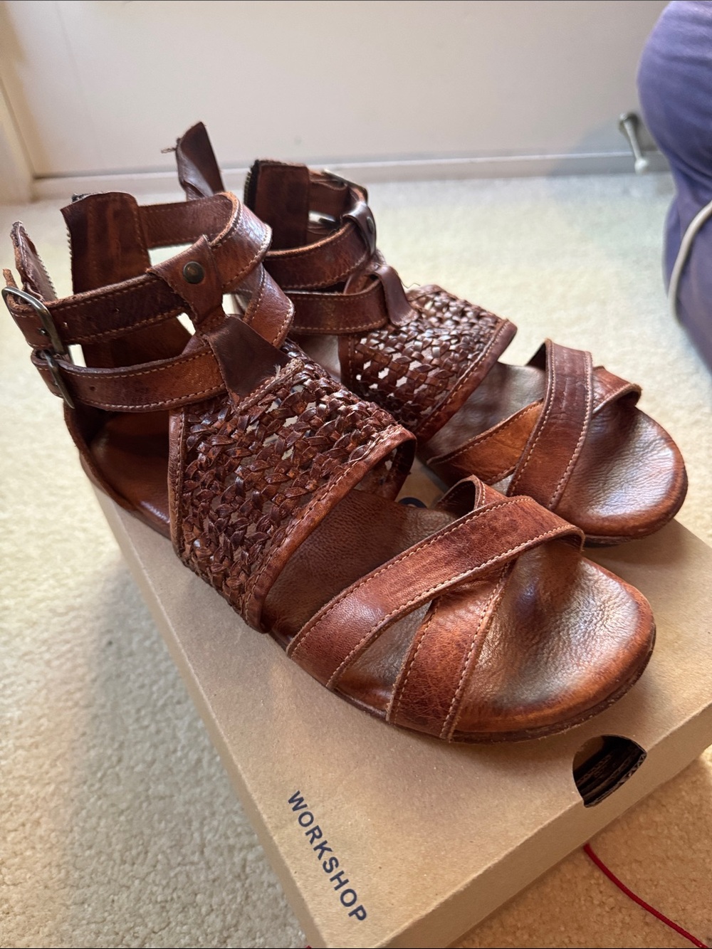 BED|STU Brown Woven Leather Strappy Sandals